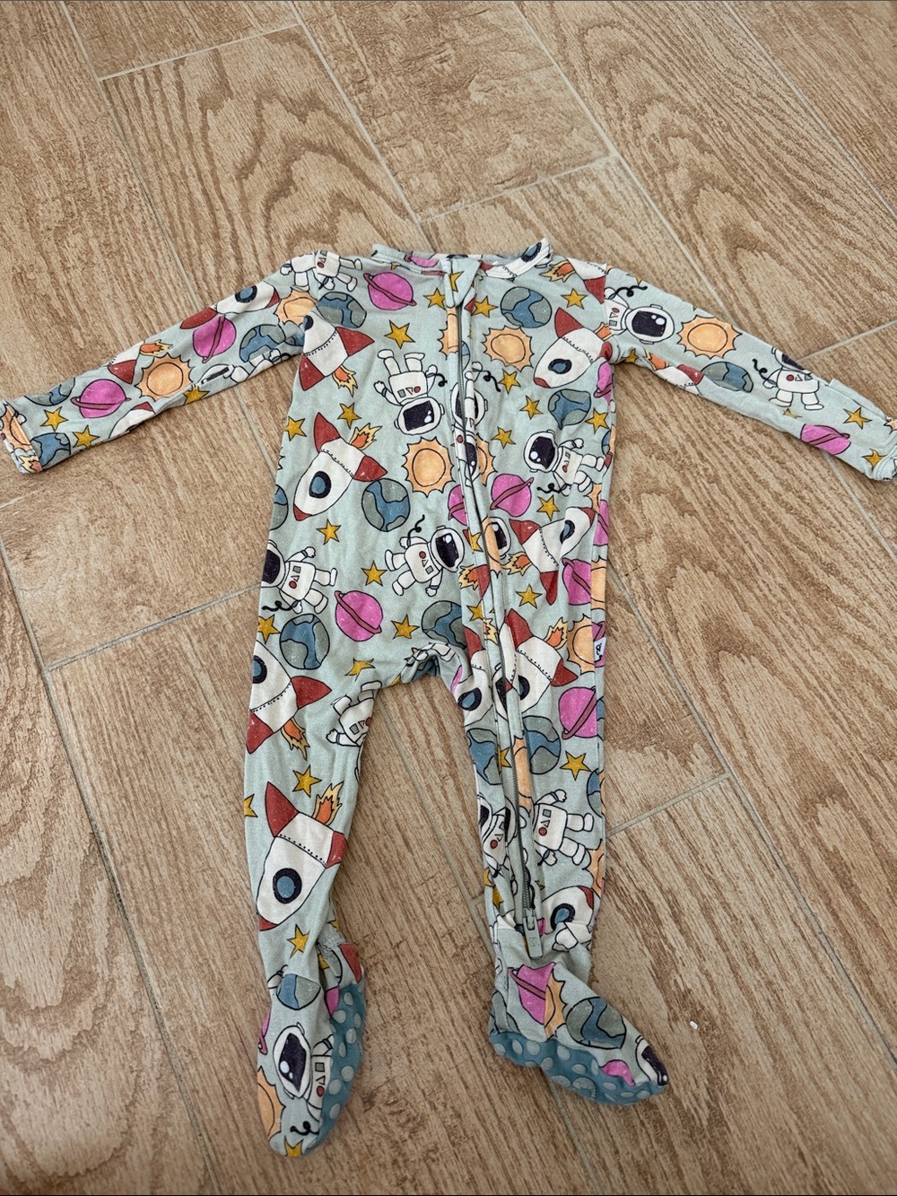 Space Print Footed One-Piece Pajamas - Light Gray with Multicolor Planets